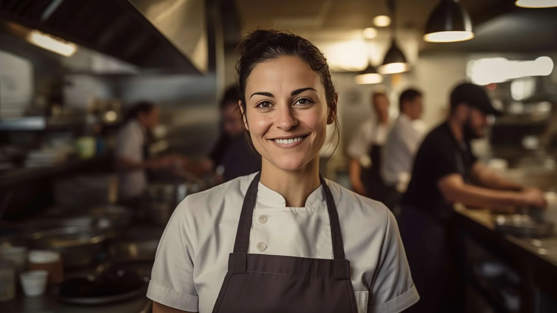 Eine Auszubildende zur Fachkraft Küche arbeitet im gastronomischen Küchenbetrieb und lächelt in die Kamera., Bild öffnen