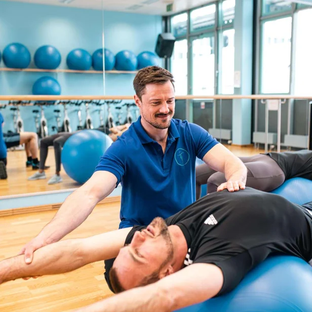 Dozent der Johannesbad Medfachschule erklärt Physiotherapie Übung auf Pezzi-Ball Dozent der Johannesbad Medfachschule erklärt Physiotherapie Übung auf Pezzi-Ball