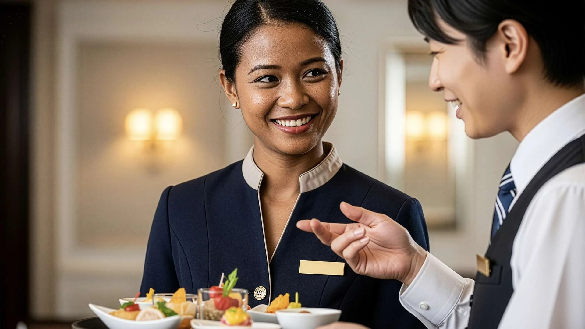 Fachkraft für Gastronomie serviert Speisen., Bild öffnen