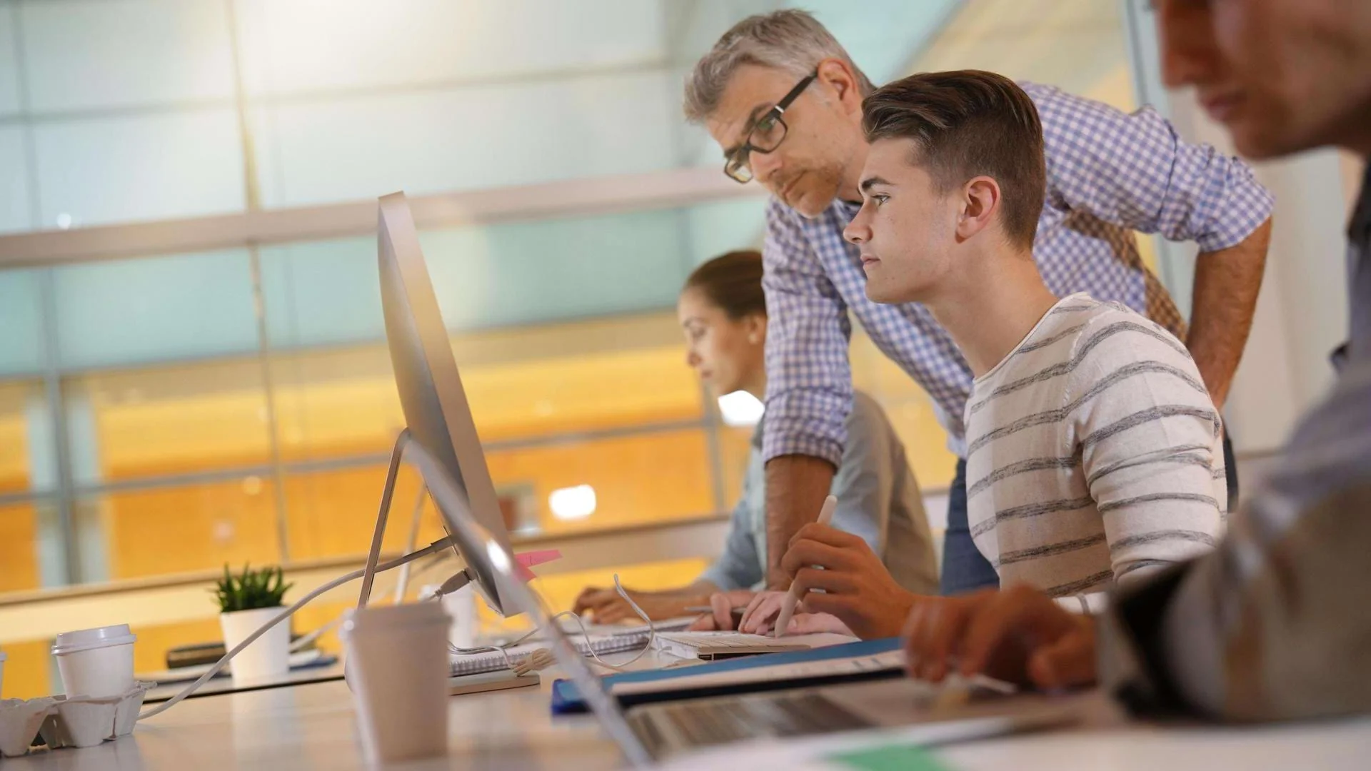 Auszubildender Fachinformatiker für Systemintegration arbeitet mit seinem Ausbilder am Computer., Bild öffnen