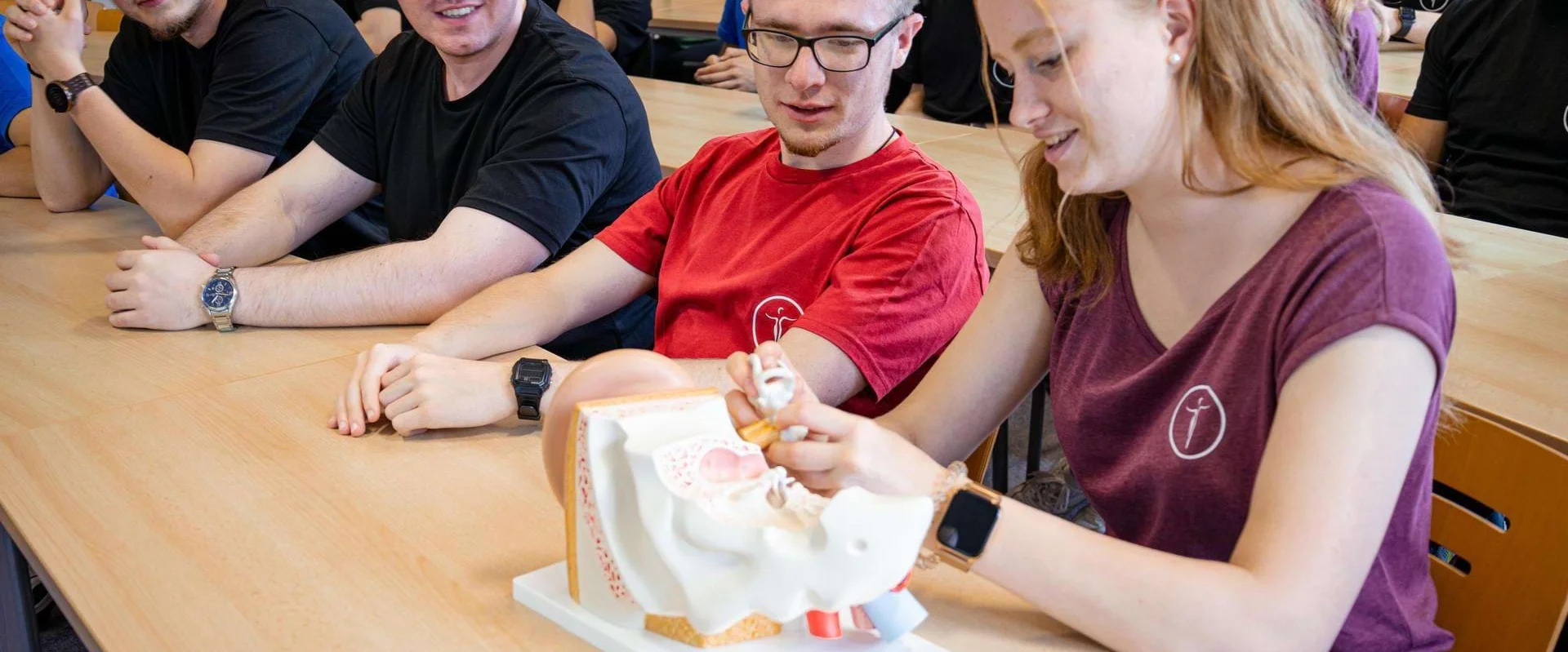 Studierende im dualen Studium Therapie- und Pflegewissenschaften lernen im Anatomiekurs praxisnah den menschlichen Körper kennen. Studierende im dualen Studium Therapie- und Pflegewissenschaften lernen im Anatomiekurs praxisnah den menschlichen Körper kennen.
