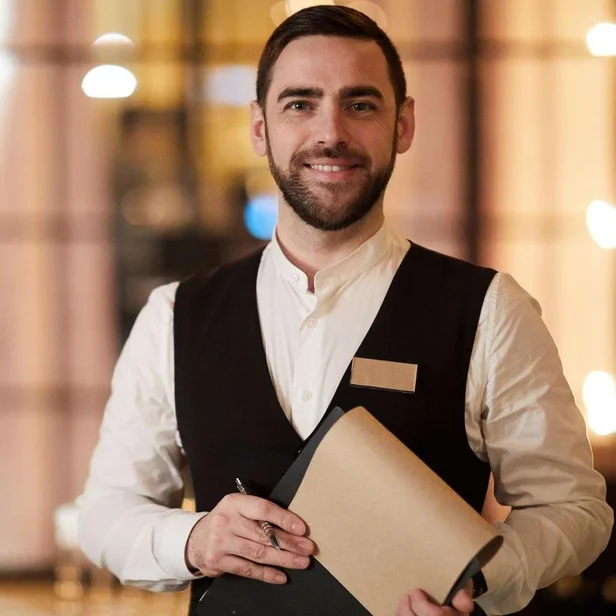 Restaurantleitung steht im Servicebereich und hält Unterlagen in der Hand.